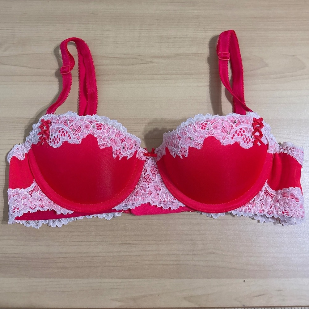 Victorias Secret Dream Angels Red White Lace Rhinestone Balconet Bra 32B 329433